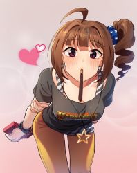Rule 34 | 1girl, ahoge, arm behind back, blue scrunchie, blue shirt, blush, bracelet, brown hair, closed mouth, commentary, drill hair, food, foreshortening, hair ornament, hair scrunchie, hand on own arm, heart, holding, idolmaster, idolmaster million live!, jewelry, kamille (vcx68), leaning forward, looking at viewer, medium hair, necklace, orange pants, pants, pocky, pocky kiss, print scrunchie, purple eyes, scrunchie, shared food, shirt, short sleeves, side ponytail, sidelocks, solo, standing, star (symbol), star necklace, star print, t-shirt, tank top, white shirt, yokoyama nao