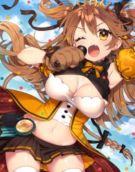 Rule 34 | 1girl, animal hands, armband, armpits, black bow, black skirt, blue sky, blush, bow, bow earrings, breasts, breasts apart, brown hair, cleavage, commentary, confetti, cowboy shot, earrings, fang, gloves, hair bow, highres, holding, holding microphone, jewelry, large breasts, lion tail, long hair, looking at viewer, microphone, miniskirt, navel, one eye closed, outdoors, paw gloves, pleated skirt, re:act, sakura yuki (clochette), second-party source, shishigami leona, skirt, sky, sleeveless, solo, star (symbol), star earrings, stomach, tail, thighhighs, thighs, tiara, two side up, virtual youtuber, white thighhighs, yellow eyes, zettai ryouiki