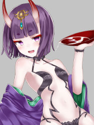 Rule 34 | 1girl, :d, alcohol, bare shoulders, blunt bangs, bob cut, breasts, clothes down, collarbone, cowboy shot, cup, eyebrows, fate/grand order, fate (series), grey background, highres, holding, horns, japanese clothes, jewelry, jitome, kimono, looking at viewer, navel, oni, open mouth, pale skin, purple eyes, purple hair, revealing clothes, sakazuki, sake, short hair, shuten douji (fate), simple background, slit pupils, small breasts, smile, solo, tem+, templus, thick eyebrows