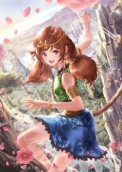 Rule 34 | arm up, bare legs, bare shoulders, bicep strap, blue skirt, brown eyes, brown hair, double bun, dress, earrings, floral print, flower, forest, frilled dress, frills, gold hairband, green dress, hair bun, hair ornament, hairband, hand up, highres, holding, holding staff, holding weapon, jewelry, monkey tail, mountainous horizon, multicolored clothes, nature, open mouth, petals, pisces 2355, skirt, sky, son biten, staff, sunlight, tail, tongue, touhou, unfinished dream of all living ghost, weapon, wristband, yellow dress