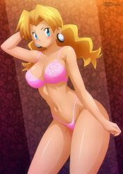 Rule 34 | 1girl, absurdres, arm behind head, arm up, blonde hair, blue eyes, blush, bra, breasts, cleavage, collarbone, creatures (company), earrings, game freak, highres, jewelry, large breasts, long hair, looking at viewer, molly hale, navel, nintendo, panties, pink bra, pink panties, pokemon, pokemon (anime), pokemon (classic anime), pokemon 3: the movie - spell of the unown: entei, smile, standing, underwear, zel-sama