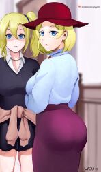 Rule 34 | 2girls, artist name, ass, blank stare, blonde hair, blue eyes, blue scrunchie, blurry, blurry background, breasts, clothes around waist, commentary, english commentary, frown, hair between eyes, hair ornament, hair scrunchie, hayasaka ai, hayasaka nao, highres, jacket, jacket around waist, jewelry, kaguya-sama wa kokurasetai ~tensai-tachi no renai zunousen~, large breasts, looking at viewer, mature female, medium breasts, medium hair, mixed-language commentary, mother and daughter, multiple girls, necklace, red skirt, scrunchie, shaded face, shirt tucked in, side ponytail, skirt, unamused, wazu san