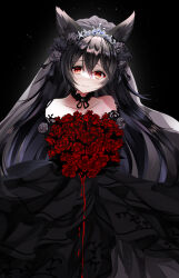 Rule 34 | 1girl, absurdres, animal ears, bare shoulders, black background, black dress, black flower, black hair, black rose, blood, bouquet, bridal veil, closed mouth, collarbone, commentary request, dress, erune, flower, granblue fantasy, hair between eyes, highres, holding, holding bouquet, jewelry, long hair, looking at viewer, nier (granblue fantasy), official alternate costume, red flower, red rose, rose, sana27022934, smile, solo, strapless, strapless dress, tiara, veil, wedding dress