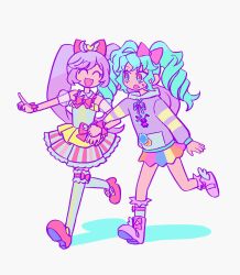 Rule 34 | 2girls, :d, ahoge, blue hair, bow, closed eyes, commentary request, detached collar, detached sleeves, dress, drill hair, facing another, frilled skirt, frilled thighhighs, frills, full body, hair between eyes, hair bow, highres, hood, hood down, hoodie, idol land pripara, katasumi amari, korean commentary, lau (laustar30), layered skirt, locked arms, long hair, long sleeves, manaka laala, multicolored clothes, multicolored dress, multiple girls, open mouth, outstretched arm, pink bow, pink footwear, pointing, pretty series, pripara, puffy detached sleeves, puffy sleeves, purple hair, purple hoodie, shoes, short dress, skirt, sleeveless, sleeveless dress, smile, sweatdrop, thighhighs, treble clef, twin drills, twintails, very long hair, waist bow, walking, white background, white sleeves, white thighhighs