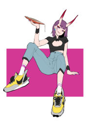 Rule 34 | 1girl, absurdres, alcohol, alternate costume, casual, cleavage cutout, clothing cutout, contemporary, cup, earrings, eyeshadow, fate/grand order, fate (series), flat chest, full body, head tilt, high-waist pants, highres, horns, jewelry, makai, makeup, medium hair, nail polish, nike (company), oni, pants, purple eyes, purple hair, purple nails, sakazuki, sake, shoes, short eyebrows, shuten douji (fate), sitting, skin-covered horns, smile, sneakers, socks, solo, spilling, thick eyebrows