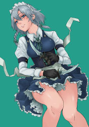 Rule 34 | 1girl, absurdres, apron, black gloves, blue dress, blue eyes, blush, bow, braid, breasts, commentary request, corset, dress, dual wielding, ear piercing, feet out of frame, gloves, green background, green bow, green ribbon, grin, hair between eyes, hair bow, highres, holding, holding knife, holding weapon, izayoi sakuya, juliet sleeves, knife, long sleeves, looking at viewer, maid, maid apron, maid headdress, medium breasts, neck ribbon, omigawa namari, parted lips, petticoat, piercing, puffy sleeves, ribbon, shirt, short dress, short hair, silver hair, simple background, smile, solo, thighs, touhou, twin braids, waist apron, weapon, white apron, white shirt