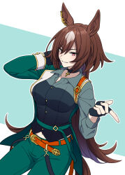 Rule 34 | 1girl, animal ears, asymmetrical jacket, belt, black gloves, breasts, brown hair, choker, collared shirt, fingerless gloves, gloves, green background, green jacket, green pants, green shirt, grin, hair between eyes, highres, horse ears, horse girl, horse tail, jacket, large breasts, long hair, midriff, multicolored hair, navel, oshiri no1, pants, pointing, red eyes, shirt, simple background, sirius symboli (umamusume), smile, solo, streaked hair, tail, two-tone background, two-tone hair, umamusume, white background