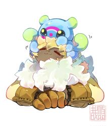 Rule 34 | 1boy, alternate form, blue skin, blush, brown fur, brown gloves, closed eyes, colored skin, digimon, digimon ghost game, fluff, gloves, highres, jellymon, on head, simple background, symbareangoramon, upper body, white background, yellow fur, youzaiyouzai112