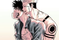 Rule 34 | 2boys, arm tattoo, black hair, black nails, closed eyes, collared shirt, commentary request, covering another&#039;s mouth, crying, extra eyes, facial tattoo, fushiguro megumi, fushirun rung, grabbing, grabbing from behind, hand over another&#039;s mouth, highres, jujutsu kaisen, long sleeves, male focus, multiple boys, muscular, muscular male, nail polish, open clothes, open mouth, open shirt, ryoumen sukuna (jujutsu kaisen), shirt, short hair, shoulder tattoo, spiked hair, tattoo, tears, topless male, undercut, yaoi