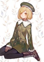 Rule 34 | 1girl, black pantyhose, blonde hair, boots, brown footwear, chocoan, coat, fate/grand order, fate (series), gloves, green coat, green jacket, hat, jacket, long sleeves, open mouth, pantyhose, paul bunyan (fate), sleeves past wrists, solo, swept bangs, white background, yellow eyes