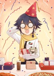 Rule 34 | 10s, 1girl, anchovy (girls und panzer), arm behind head, belt, black hair, black skirt, blush stickers, braid, brown eyes, character doll, confetti, doll, dress shirt, emblem, food, groucho glasses, gift, girls und panzer, glasses, green hair, hat, holding, long sleeves, military, military uniform, open mouth, party hat, pasta, pepperoni (girls und panzer), pizza, pleated skirt, scarf, school uniform, shirt, short hair, side braid, skirt, smile, solo, spaghetti, standing, twin braids, twintails, uniform, upper body, viscount shishamo, white shirt, yellow scarf