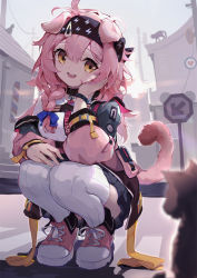 Rule 34 | 1girl, :d, animal ears, arknights, asc11, black headband, black skirt, blue bow, blurry, blurry foreground, bow, bracelet, braid, cat, full body, goldenglow (arknights), hair between eyes, hair bow, headband, jacket, jewelry, long hair, long sleeves, looking at animal, miniskirt, open clothes, open jacket, open mouth, outdoors, pink hair, pink jacket, shirt, shoes, skirt, smile, solo, squatting, tail, thighhighs, white shirt, white thighhighs, yellow eyes
