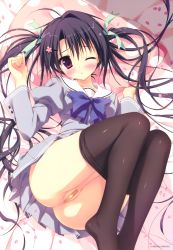 Rule 34 | 1girl, :o, absurdly long hair, absurdres, ahoge, anus, ass, bandaid, bandaid on pussy, bed, bed sheet, black hair, black pantyhose, blue bow, blue bowtie, blush, bow, bowtie, brown pantyhose, buttons, clothes pull, collarbone, embarrassed, fingernails, green ribbon, hair between eyes, hair ornament, hair ribbon, hairclip, hands up, highres, juliet sleeves, knees up, long fingernails, long hair, long sleeves, looking at viewer, lying, melonbooks, no panties, on back, one eye closed, open mouth, original, panties, pantyhose, pantyhose pull, petals, pillow, pleated skirt, polka dot pillow, puffy sleeves, purple eyes, ribbon, ryouka (suzuya), sailor collar, scan, school uniform, serafuku, skirt, skirt set, solo, twintails, underwear, very long hair, white panties