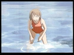 Rule 34 | animated, animated gif, beach, lowres, nono (planetes), one-piece swimsuit, orange one-piece swimsuit, planetes, screencap, solo, splashing, striped clothes, striped one-piece swimsuit, swimsuit, vertical-striped clothes, vertical-striped one-piece swimsuit, water