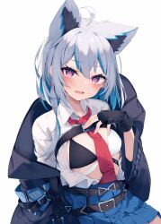 Rule 34 | 1girl, ahoge, animal ear fluff, animal ears, belt, belt buckle, bikini, black belt, black bikini, black gloves, black jacket, blue hair, blue skirt, blush, breasts, buckle, collared shirt, commentary request, dress shirt, fang, fingerless gloves, gloves, grey hair, hair between eyes, highres, jacket, long sleeves, looking at viewer, mismatched bikini, multicolored hair, necktie, nibiiro shizuka, off shoulder, open clothes, open jacket, open mouth, open shirt, original, pleated skirt, purple eyes, red necktie, shirt, simple background, skirt, small breasts, solo, streaked hair, sweat, swimsuit, white background, white bikini, white shirt, wide sleeves