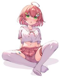 Rule 34 | 1girl, absurdres, ahoge, bandaid on thigh, bike shorts, blush, breasts, collarbone, cropped shirt, eyelashes, full body, green eyes, hair ornament, highres, hololive, knees apart feet together, legs, looking at viewer, medium breasts, medium hair, midriff, miniskirt, navel, no shoes, official alternate costume, on ground, open mouth, pink hair, pink shorts, pink skirt, plaid, plaid skirt, pleated skirt, sakura miko, shadow, shirt, shorts, shorts under skirt, sidelocks, sitting, skirt, solo, thighhighs, thighs, tmo-cat, toes, virtual youtuber, white shirt, white thighhighs