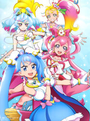Rule 34 | 4girls, :3, :d, absurdres, blonde hair, blue eyes, blue hair, blue skirt, choker, closed mouth, collarbone, cone hair bun, crop top, cure precious, cure sky, cure summer, cure supreme, delicious party precure, detached sleeves, earrings, elbow gloves, fingerless gloves, gloves, gradient hair, green eyes, grin, hair bun, heart, heart hands, heart hands duo, highres, hirogaru sky! precure, jewelry, kome-kome (precure), looking at viewer, multicolored hair, multiple girls, nagomi yui, natsuumi manatsu, official art, open mouth, pink hair, pink sailor collar, precure, precure all stars, precure all stars f, purple eyes, red eyes, sailor collar, short sleeves, side ponytail, skirt, smile, sora harewataru, tropical-rouge! precure, twintails, two-tone hair, white choker, white gloves