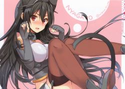 Rule 34 | 1girl, animal ears, bare shoulders, black hair, blush, breasts, cat ears, cat tail, character name, elbow gloves, fake animal ears, fingerless gloves, flying sweatdrops, gloves, hair between eyes, hairband, headgear, high heels, highres, kantai collection, large breasts, long hair, mishima kurone, nagato (kancolle), nose blush, open mouth, paw pose, pink background, red eyes, scan, simple background, skirt, tail, thighhighs, very long hair