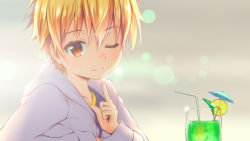Rule 34 | 1boy, blonde hair, blush, brown eyes, child, child gilgamesh (fate), closed mouth, collarbone, cup, drinking glass, drinking straw, fate (series), gilgamesh (fate), haresora, highres, index finger raised, looking at viewer, male focus, one eye closed, short hair, smile, solo, upper body
