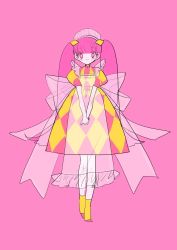Rule 34 | 1girl, apron, bad id, bad twitter id, blunt bangs, checkered clothes, checkered dress, dress, full body, highres, inata17ta, long hair, looking at viewer, maid, maid headdress, original, pink background, pink dress, pink eyes, pink hair, puffy short sleeves, puffy sleeves, see-through, short sleeves, simple background, solo, standing, very long hair, yellow dress