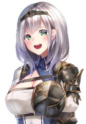 Rule 34 | 1girl, armor, belt, belt buckle, black armor, braid, breastplate, breasts, buckle, buttons, circlet, cleavage, cleavage cutout, clothing cutout, collar, gold trim, green eyes, highres, hololive, kurumi tsuchi, large breasts, looking at viewer, medium hair, mole, mole on breast, open mouth, shirogane noel, shirogane noel (1st costume), shoulder armor, smile, solo, teeth, upper body, virtual youtuber, white background, white hair