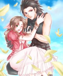 Rule 34 | 1boy, 1girl, aerith gainsborough, belt, black belt, black gloves, black hair, black sweater, blue eyes, blue sky, bracelet, brown hair, cloud, cloudy sky, commentary request, couple, cropped jacket, cross scar, day, dress, facial scar, falling petals, final fantasy, final fantasy vii, frilled dress, frills, gloves, green eyes, hair ribbon, hand on another&#039;s back, hand on another&#039;s shoulder, hands up, happy, highres, holding hands, jacket, jewelry, kneeling, long hair, looking to the side, medium hair, multiple belts, on lap, one eye closed, open clothes, open jacket, open mouth, outdoors, parted bangs, parted lips, partial commentary, petals, pink dress, pink ribbon, ream (arua), red jacket, ribbon, scar, scar on cheek, scar on face, short sleeves, sitting, sitting on lap, sitting on person, sky, sleeveless, sleeveless turtleneck, smile, spiked hair, sweater, turtleneck, v-neck, wavy hair, yellow petals, zack fair