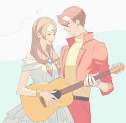 Rule 34 | 1boy, 1girl, ace attorney, aqua background, belt, black belt, blue gemstone, bracelet, brooch, brown eyes, brown hair, closed eyes, collared jacket, cropped jacket, dress, earrings, fingerless gloves, fingernails, gem, gloves, grin, guitar, highres, holding, holding guitar, holding instrument, instrument, jacket, jewelry, jove justice, lamiroir (ace attorney), long hair, looking at another, low-tied long hair, musical note, off-shoulder dress, off shoulder, ouse (otussger), pants, red jacket, red pants, shirt, short hair, sidelocks, simple background, sleeves past elbows, smile, turtleneck, twintails, two-tone background, upper body, white background, white dress, white gloves, yellow shirt