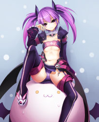 Rule 34 | 1girl, aisha landar, angkor (elsword), bandeau, boots, breasts, cross, dobunezumi, elsword, highres, long hair, panties, pantyshot, purple eyes, purple footwear, purple hair, purple panties, purple skirt, ribbon, short hair, sitting, skirt, small breasts, smile, solo, strapless, striped clothes, striped panties, sweatdrop, thighhighs, tube top, twintails, underboob, underwear, upskirt, void princess, void princess (elsword)