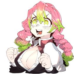 Rule 34 | 1girl, :d, braid, breasts, cleavage, cleavage cutout, clenched hands, clothing cutout, fingernails, gradient hair, green eyes, green hair, hand up, highres, kanroji mitsuri, kimetsu no yaiba, large breasts, long hair, long sleeves, mole, mole under eye, multicolored hair, open mouth, pink hair, simple background, smile, solo, ssambatea, twin braids, upper body, white background, wide-eyed