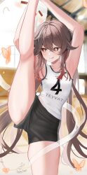 Rule 34 | 1girl, :q, alternate costume, armpits, arms up, black shorts, blurry, blurry background, blush, boo tao (genshin impact), brown hair, commentary request, covered navel, cowboy shot, elbow pads, flower-shaped pupils, genshin impact, highres, hu tao (genshin impact), kabu usagi, knee pads, long hair, looking to the side, low twintails, number print, paid reward available, print shirt, shirt, short hair, short shorts, shorts, sidelocks, signature, skindentation, sleeveless, sleeveless shirt, solo, split, sportswear, standing, standing on one leg, standing split, stretching, symbol-shaped pupils, textless version, thick thighs, thighhighs, thighs, tongue, tongue out, twintails, v-shaped eyebrows, volleyball uniform, white shirt, white thighhighs