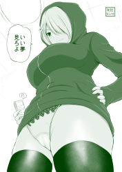 Rule 34 | 1girl, breasts, ceiling, commentary request, controller, from below, green theme, hair over one eye, hands on own hips, highres, hood, hood up, hoodie, large breasts, looking at viewer, monochrome, original, panties, pantyshot, remote control, sabo rina, solo, standing, thighhighs, translation request, underwear, yano toshinori