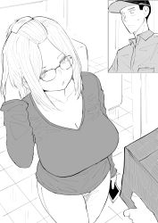 Rule 34 | 1girl, absurdres, adjusting hair, bangs pinned back, baseball cap, black hair, blush, box, breasts, cleavage, commentary, delivery, english commentary, from above, glasses, greyscale, hair pulled back, hat, highres, holding, holding phone, inne sulistya robin, inset, large breasts, long hair, monochrome, norman maggot, original, package, pants, phone, standing, sweat, sweatdrop, sweater, teacher, tile floor, tiles
