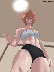 Rule 34 | 1girl, absurdres, bandages, bare shoulders, black clover, blue eyes, closed mouth, highres, iris art, mereoleona vermillion, short hair, shorts, tagme