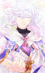 Rule 34 | 1boy, akapug621, earrings, closed eyes, fate/grand order, fate (series), feather earrings, feathers, hood, jewelry, male focus, merlin (fate), parted lips, petals, smile, tassel, upper body, white hair