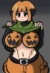 Rule 34 | 1girl, absurdres, blush, bodypaint, breasts, brown shorts, closed mouth, clothes lift, creatures (company), desgardes, game freak, gardenia (pokemon), halloween, highres, large breasts, midriff, multicolored hair, navel, nintendo, orange eyes, orange shorts, paintbrush, pokemon, pokemon dppt, poncho, shorts, smile, two-tone hair