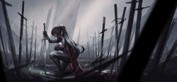 Rule 34 | 1girl, armor, armored boots, black hair, blurry, boots, cape, chinese commentary, commentary request, field of blades, gauntlets, greaves, highres, holding, holding baby, holding sword, holding weapon, long hair, multiple swords, on one knee, original, pointy ears, ponytail, rain, red cape, red eyes, scenery, shoulder armor, sidelocks, sword, weapon, yurichtofen
