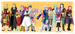 Rule 34 | 6+boys, 6+girls, :d, :p, alfa system, ange serena, ange serena (cosplay), arms behind back, asbel lhant, asbel lhant (cosplay), belt, beret, black legwear, blonde hair, blue eyes, blue hair, blue shirt, bodysuit, boots, bow, brooch, brothers, brown eyes, bug, butterfly, cape, cheria barnes, cheria barnes (cosplay), choker, coat, collar, copyright name, cosplay, costume switch, crossed arms, dress, everyone, frown, full body, glasses, green eyes, green hair, grey eyes, hair bun, happy, hat, head rest, helmet, hermana larmo, hermana larmo (cosplay), holding hands, hubert ozwell, hubert ozwell (cosplay), insect, iria animi, iria animi (cosplay), jewelry, knee boots, long hair, malik caesars, malik caesars (cosplay), mathias (tales), mathias (tales) (cosplay), mathias (tales of innocence), mathias (tales of innocence) (cosplay), multicolored hair, multiple boys, multiple girls, open mouth, pants, pascal (tales), pascal (tales) (cosplay), pink hair, pink legwear, pointing, pointy ears, ponytail, purple hair, red eyes, red hair, ribbon, ricardo soldato, ricardo soldato (cosplay), richard (tales), richard (tales) (cosplay), ruca milda, ruca milda (cosplay), rukanyo, shirt, shoes, short hair, shorts, siblings, sidelocks, simple background, single hair bun, smile, socks, sophie (tales), sophie (tales) (cosplay), sophie (tales of graces) (cosplay), spada belforma, spada belforma (cosplay), striped clothes, striped legwear, striped socks, tales of (series), tales of graces, tales of innocence, thighhighs, tongue, tongue out, twintails, white dress, white hair, white legwear, yellow background