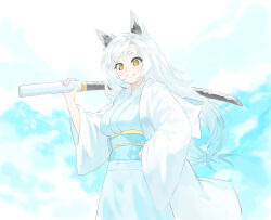 Rule 34 | 1girl, animal ear fluff, animal ears, blue background, blue kimono, blue sash, blush, breasts, cowboy shot, fang, fishofthelakes, floating hair, grin, hand on own hip, hand up, highres, holding, holding sword, holding weapon, japanese clothes, katana, kimono, long hair, long sleeves, looking at viewer, medium breasts, obi, obiage, obijime, original, parted bangs, sash, short eyebrows, small sweatdrop, smile, solo, sword, underbust, weapon, white hair, white haori, wide sleeves, yellow eyes