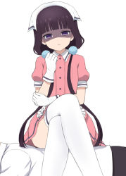 Rule 34 | 1girl, blend s, crossed legs, disgust, gloves, highres, long hair, looking at viewer, low twintails, purple eyes, sakuranomiya maika, shaded face, sitting, solo, thighhighs, twintails, waitress, white gloves, white thighhighs, xingnai