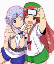 Rule 34 | 2girls, :d, ;), ;d, braid, camera, contemporary, double v, face, female focus, gustav (telomere na), hong meiling, izayoi sakuya, jewelry, knife, long hair, multiple girls, necklace, one eye closed, open mouth, red eyes, red hair, short hair, shorts, silver hair, smile, touhou, twin braids, v