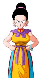 Rule 34 | 1girl, angry, black eyes, black hair, bracelet, breasts, chi-chi (dragon ball), chinese clothes, dragon ball, dragonball z, earrings, female focus, hair bun, hands on own hips, highres, jewelry, large breasts, legs, looking at viewer, matching hair/eyes, open mouth, scarf, simple background, single hair bun, sleeveless, solo, standing, stud earrings, thighs, transparent background, v-shaped eyebrows, yamamoto doujin
