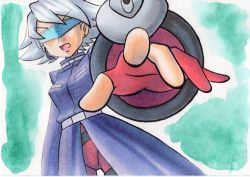 Rule 34 | 1girl, belt, belt buckle, buckle, coat, creatures (company), earrings, game freak, gloves, green background, grey belt, grey hair, highres, j (pokemon), jewelry, lipstick, makeup, microphone, nintendo, oka mochi, open mouth, outstretched arm, partially fingerless gloves, pink lips, pokemon, pokemon (anime), pokemon dppt (anime), purple coat, red gloves, solo, tongue, traditional media, visor