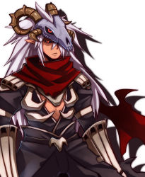 Rule 34 | 1boy, armor, assassin cross (ragnarok online), black cape, black pants, black sclera, black shirt, cape, closed mouth, colored sclera, commentary request, cowboy shot, emon-yu, hair between eyes, horns, long hair, looking at viewer, open clothes, open shirt, pants, pauldrons, pointy ears, ragnarok online, red eyes, red scarf, scarf, shirt, shoulder armor, simple background, skull, skull on head, solo, torn cape, torn clothes, torn scarf, vambraces, very long hair, waist cape, white background, white hair