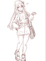 Rule 34 | 1girl, absurdres, bag, casual, clothing cutout, full body, girls&#039; frontline, heart, highres, holding, holding bag, long hair, long sleeves, monochrome, one side up, pencil skirt, peroronti, scar, scar across eye, shirt, shirt tucked in, shoes, shoulder cutout, simple background, skirt, smile, solo, ump45 (girls&#039; frontline), white background