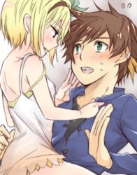 Rule 34 | 1boy, 1girl, blonde hair, blue eyes, blush, brown hair, collared shirt, dress, earrings, edna (tales), feather earrings, feathers, green eyes, green ribbon, jewelry, looking at another, namco, partially unbuttoned, ribbon, shirt, short hair, sorey (tales), sweat, tales of (series), tales of zestiria, tukinagi, unbuttoned, unbuttoned shirt, unbuttoning, undershirt, undressing, undressing another, white dress