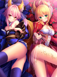 10s 2girls ahoge animal_ears bare_shoulders blonde_hair blue_thighhighs blush bow breasts cleavage clothes_lift epaulettes fate/extra fate_(series) flower green_eyes hair_bow japanese_clothes kimono looking_at_viewer lying multiple_girls nero_claudius_(fate) nero_claudius_(fate)_(all) nero_claudius_(fate/extra) obi on_side pink_hair revision sash see-through_clothes skirt skirt_lift smile tamamo_(fate) tamamo_no_mae_(fate/extra) thighhighs toshi_(1-147)