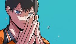 Rule 34 | 1boy, black hair, blue background, blue eyes, chappii (paon gunsou), closed mouth, commentary request, fingernails, haikyuu!!, hair between eyes, highres, jersey, kageyama tobio, male focus, own hands together, short hair, solo, sportswear, sweat, volleyball uniform