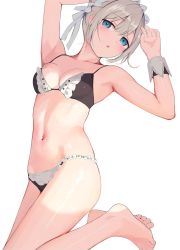 Rule 34 | 1girl, armpits, arms up, bare arms, bare legs, barefoot, bikini, blue eyes, blush, breasts, collarbone, commentary, gin00, highres, idolmaster, idolmaster shiny colors, knees out of frame, light brown hair, looking at viewer, maid, maid bikini, maid headdress, navel, parted lips, serizawa asahi, simple background, small breasts, solo, stomach, swimsuit, toes, unconventional maid, white background, wrist cuffs