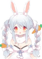Rule 34 | 1girl, animal ear fluff, animal ears, blue hair, blush, bow, braid, breasts, carrot hair ornament, chestnut mouth, cleavage, commentary request, don-chan (usada pekora), food-themed hair ornament, hair bow, hair ornament, highres, hololive, long hair, looking at viewer, maitou, medium breasts, multicolored hair, orange eyes, pom pom (clothes), rabbit ears, short eyebrows, simple background, solo, thick eyebrows, twin braids, two-tone hair, upper body, usada pekora, usada pekora (1st costume), virtual youtuber, white background, white bow, white hair