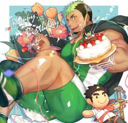 Rule 34 | 1boy, bara, bare arms, birthday, birthday cake, black hair, bulge, cake, covered abs, dark-skinned male, dark skin, english text, facial hair, feet out of frame, floral background, food, food on body, food on face, fork, fruit, goatee, gozu farm, green eyes, green hair, ikusaba daisuke, jacket, jacket on shoulders, large pectorals, male focus, protagonist 3 (housamo), multicolored hair, muscular, nantaimori, pectorals, short hair, sideburns, skin tight, solo, strawberry, stuffed toy, taurus mask, thick thighs, thighs, tight clothes, tokyo houkago summoners, two-tone hair, wrestling outfit